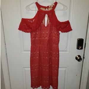 Red lace off the shoulder sleeve dress